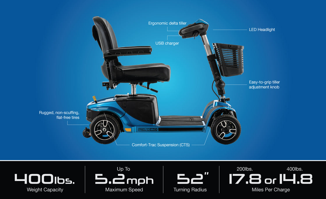 Scooter de aluguel multidias com 4 rodas e capacidade de 400 libras